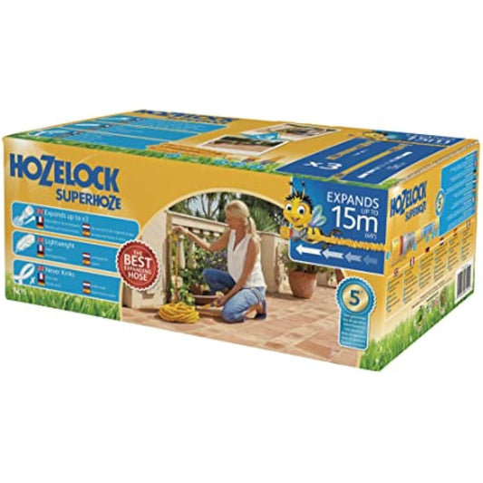 HOZELOCK - Superhoze Expanding Hose 15 m : Flexible Hose, Stretches up to 3x Original Length | With 2 Aquastop Fittings for a Watertight Connection: Ready to Use [8215A1240]
