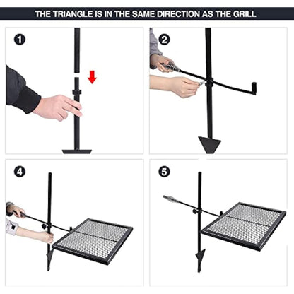 REDCAMP Swivel Campfire Grill Heavy Duty Steel Grate, Over Fire Camp Grill with Carrying Bag for Outdoor Open Flame Cooking (Black)