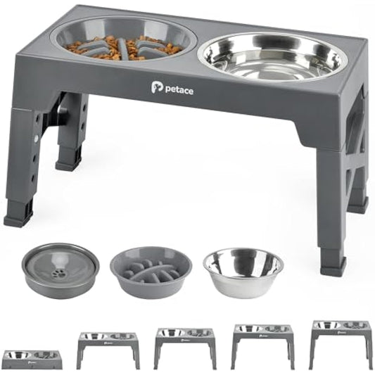 Petace Elevated Dog Bowls for Large Dogs, Raised Dog Bowl Stand with 2 Slow Feeder Bowl & Stainless Steel Dog Bowl, 5 Heights Adjustable for Small Medium Large Pets