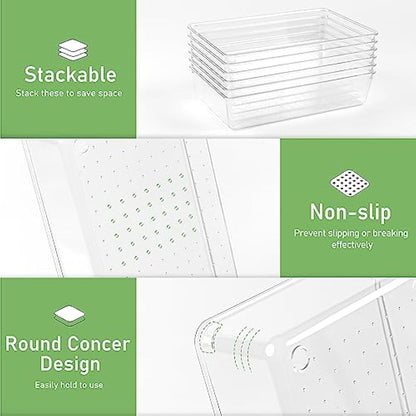 Giklux 6 Pcs Clear Kitchen Drawer Organiser Trays, Acrylic Desk Drawer Dividers Organisers for Cutlery, Kitchen, Cosmetics, Makeup, Utensils, Vanity, Office, Stationery, Plastic Draw Storage Organiser
