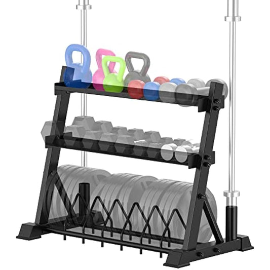 JX FITNESS 3-Tier Dumbbell Rack Multifunctional Weight Storage Weight Organizer for Home Gym Fit for Dumbbells, Kettle dumbbells, Weight Plates, Olympic Bar and Curl Bar