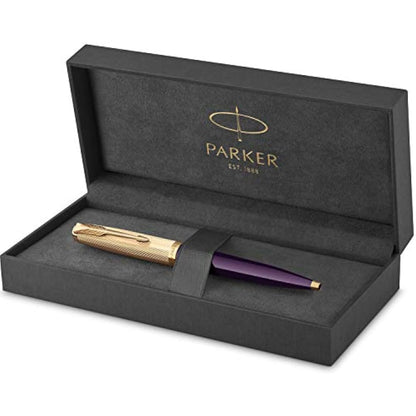 Parker 51 Ballpoint Pen | Deluxe Plum Barrel with Gold Trim | Medium 18k Gold Point with Black Ink Refill | Gift Box