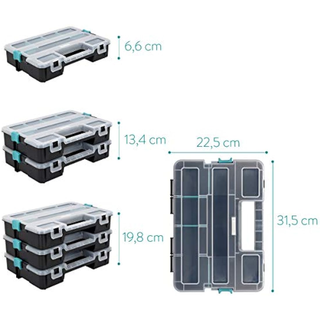 Navaris Plastic Storage Box - Stackable Organizer Case with Adjustable and Removable Divider Compartment for Tools, Small Items, Jewelry - 3 Boxes