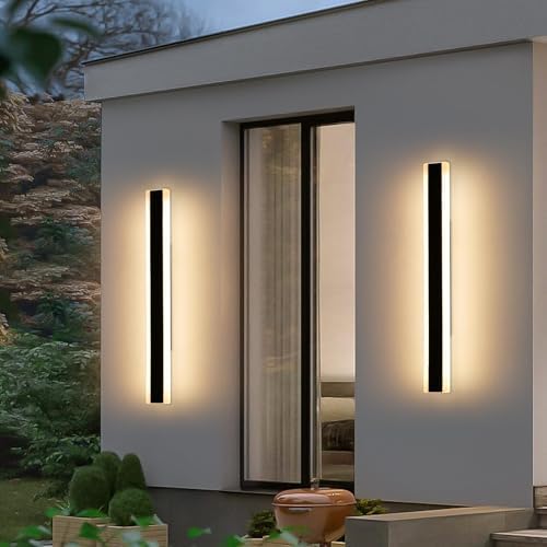 Mikeru 80CM Minimalist Outdoor Wall Light, 2 Pack External Wall Lights Changing 3 Color 3000K/4500K/6000K Modern Matt Black Outside Wall Light 28W Hard-Wired Lights for Courtyards, Porches