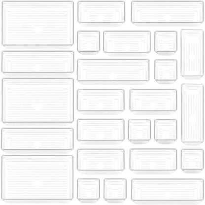 DCA 25 PCS Clear Plastic Drawer Organizer Tray, Bathroom Organizers and Storage Bins for Makeup, Kitchen Utensils, Jewelries, Gadgets, Office Desk