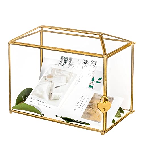 NCYP Glass Card Box with Slot and Lock for Wedding, Party Reception, Donation, Keepsake - Small 26x15x20.3 CM - Geometric Decorative, Gold, Handmade