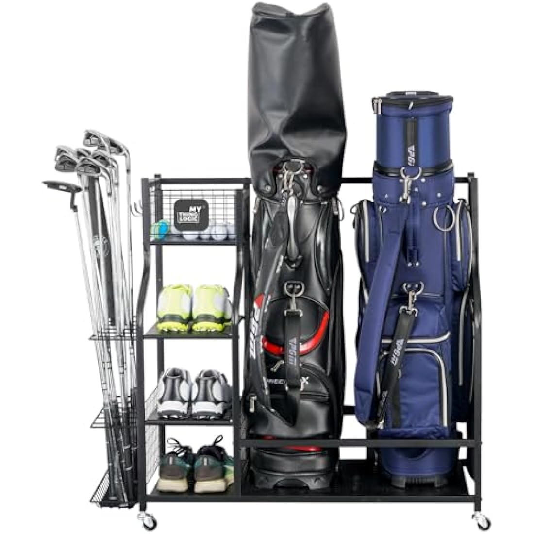 Mythinglogic Golf Storage Rack, Golf Organiser with Wheels, Golf Club Organisers Extra Large Design for Golf Bag Storage and Other Golf Club Accessories