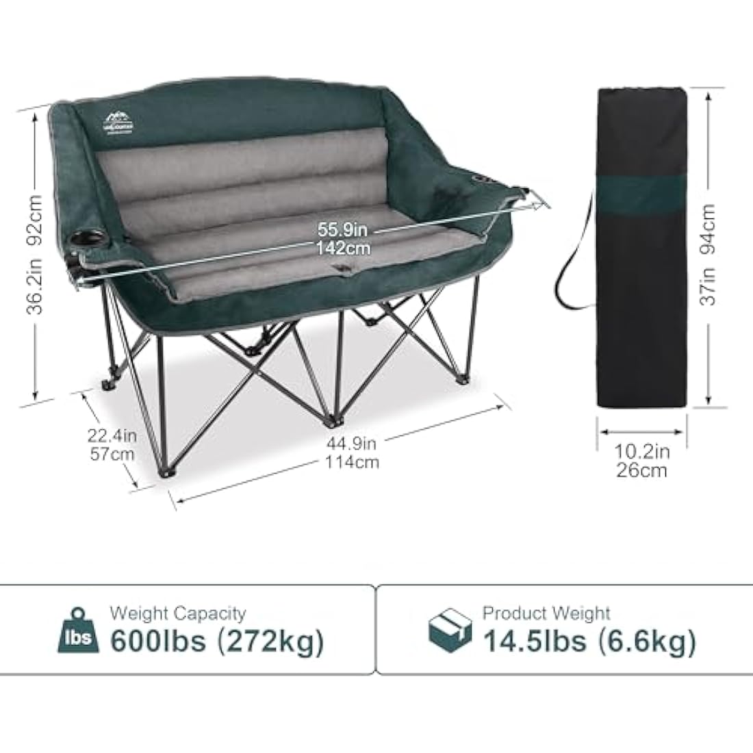 LANMOUNTAIN Fully Padded Folding Double Camping Chairs,Comfy Oversized Loveseat Lawn Chair w/Wine Glass Holder,Cup Holder,Heavy Duty Outdoor Portable Camp Couch Support 600 Lbs,Dark Green