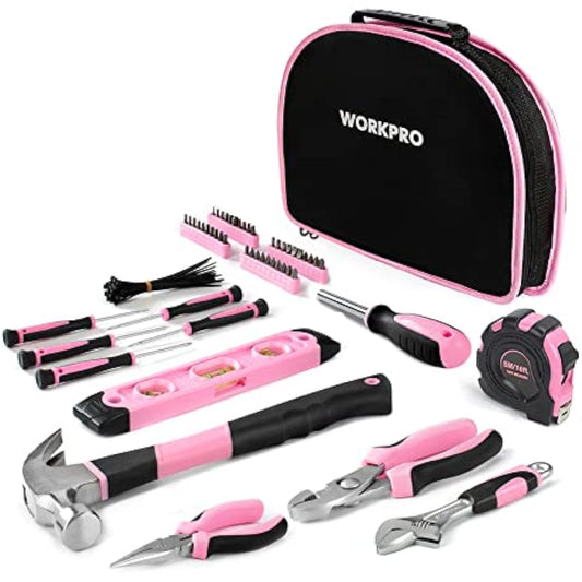 WORKPRO Pink Tool Kit 103-Piece, Pink Hand Tools Set for Home Repair, Tool Kit Portable with Hammer, Screwdriver Set, Tape Measure, Pliers, with Compact Storage Bag, New Home Gifts