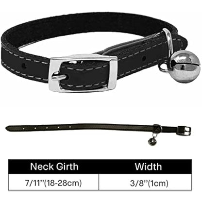 Genuine Leather Cat Collar with Safety Elastic & Bell with Optional Personalised Engraved Tag (Black, No Tag - Only Collar)