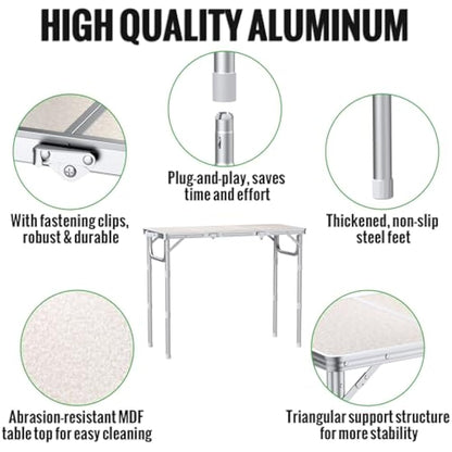 GARLLEN Folding Camping Table, 3-Adjustable Height Portable Folding Picnic Table with Storage Bag, Lightweight Aluminum Outdoor Table for Picnic, Camping, BBQ, 34.2" L x 15.7" W, Silver