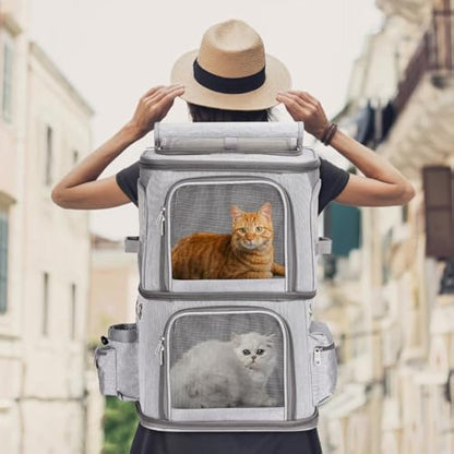 FASNATI Double-Compartment Pet Carrier Backpack, Cat Carrier Backpack for 2 Cats, Small Dogs, Perfect for Traveling/Hiking/Camping, Grey, XL