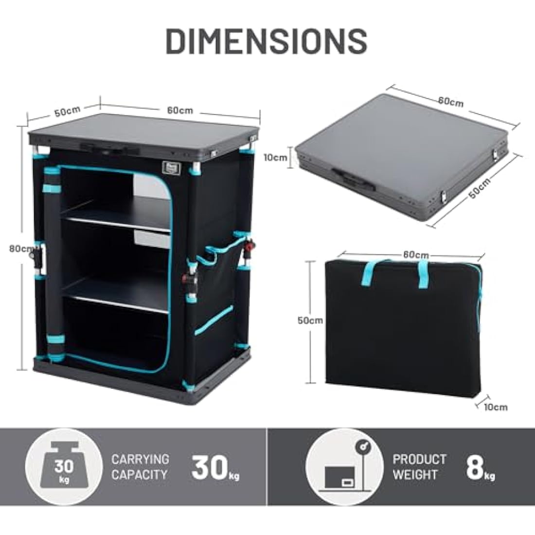 TIMBER RIDGE Compact Camping Storage, Pop Up Folding Camping Kitchen Unit, Camping Furniture Camping Cupboards Cabinet Outdoor 3 Shelf Aluminum Frame Portable for Garden Party Picnic, Supports 30kg