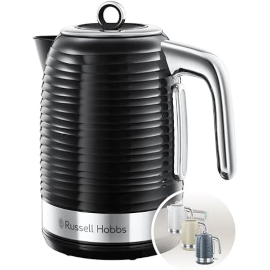 Russell Hobbs Inspire Electric 1.7L Cordless Kettle (Fast Boil 3KW, Black premium textured plastic, high gloss finish, Removable washable anti-scale filter, Pull off lid, Perfect pour spout) 24361