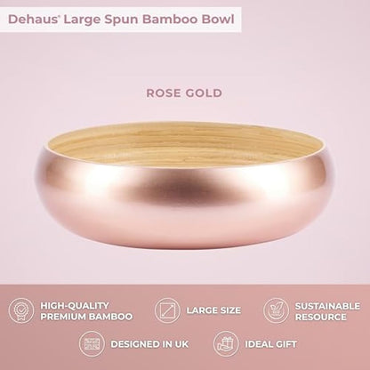 Dehaus® Large Stylish Bamboo Fruit Bowl - 30cm, Rose Gold - Wooden Salad Serving Bowl - Fruit Basket for Kitchen or Bread Basket - Table Centrepiece Decoration - Home & Kitchen Tableware Accessories