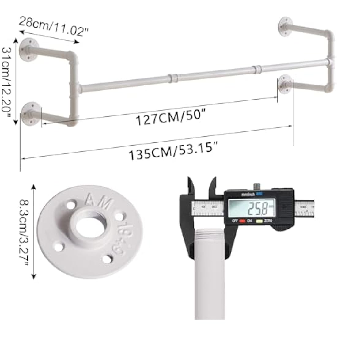 IBUYKE 50" Wall Mounted Coat Rack Industrial Design Wall Mount Removable Clothes Rack Space Saving Rack Load up to 60kg Four Bases White TYJ002W-2