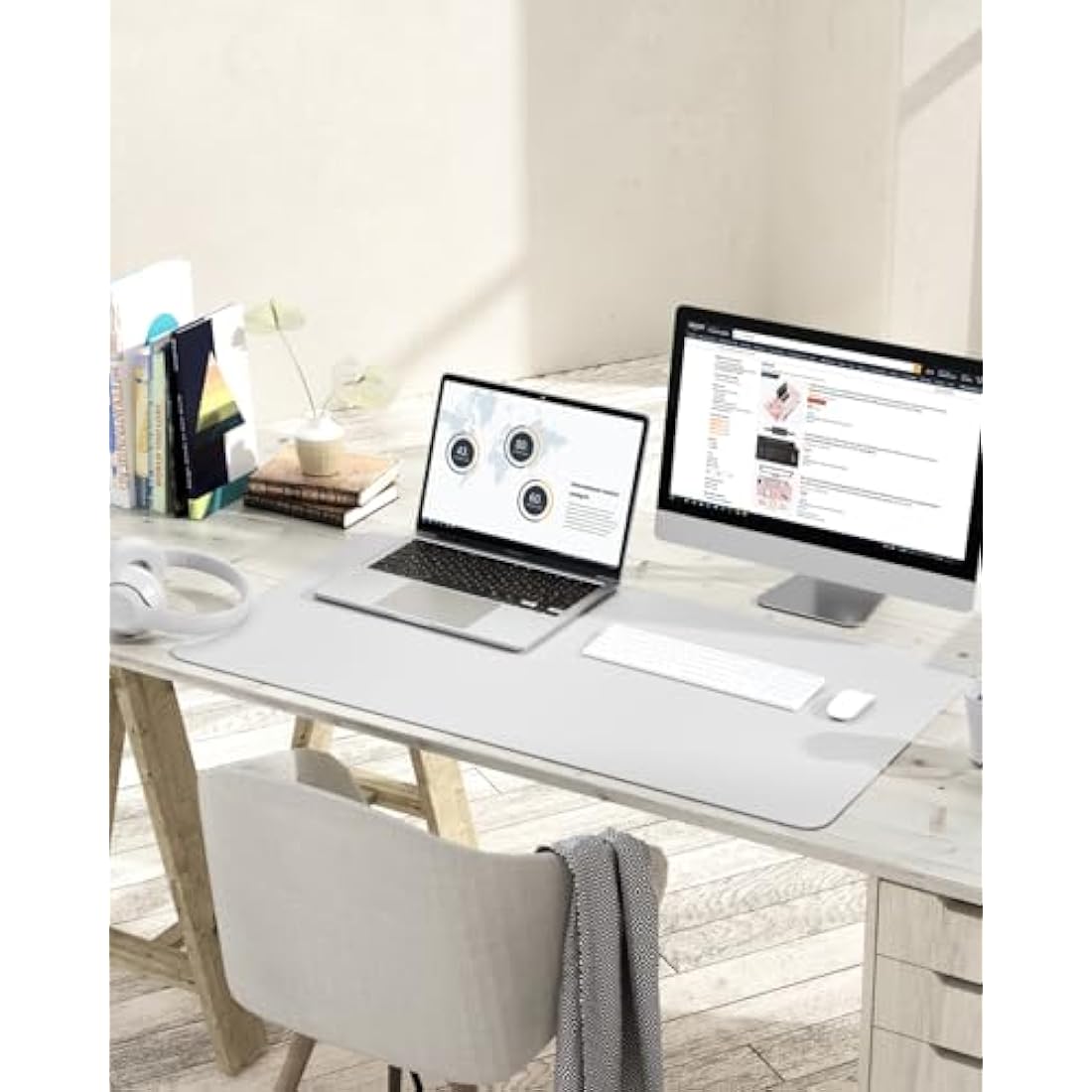 YSAGi Non-Slip Desk Pad, Waterproof PVC Leather Desk Table Protector, Ultra Thin Large Mouse Pad, Easy Clean Laptop Desk Writing Mat for Office Work/Home/Decor (90 x 43 cm, White)