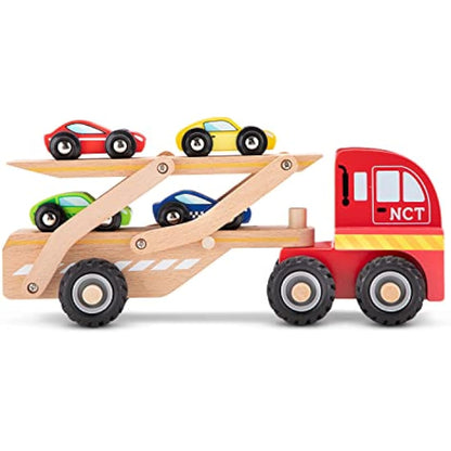 New Classic Toys - Wooden Car Transporter with 4 Vehicles - Montessori Toys, Car Game - Set of 1