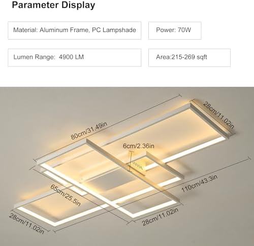 JIINOO Dimmable LED Ceiling Light, 110cm Flush Mounted Ceiling Light with Remote Control, 70W Square Acrylic Modern Simple Design Fixture for Bedroom Living Room, White
