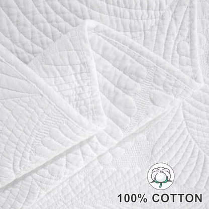 Qucover Quilted Bedspreads Soft and Comfortable Cotton Bedspread Super King Size with Elegant Embroidered Palm Leaf Pattern, 3 Pieces Bedspreads