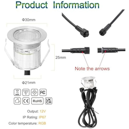 GEYUEYA Home Led Decking Lights RGB Waterproof IP67 Multicolor Ø30MM 12V APP Function LED Deck Lights with Remote Control for Terrace/Patio/Path -30 Packs