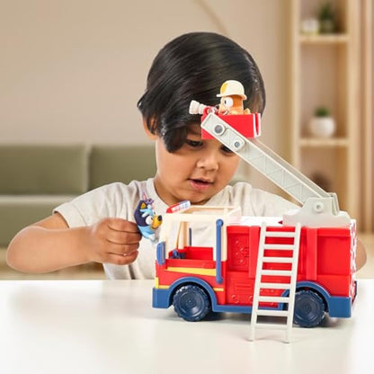 Bluey Firetruck, Firetruck, Exclusive Firefighter Bingo and Bob Bilby Figures Raise The Ladder, Spin It Around and Roll Out The Hose Includes Sticker Sheet