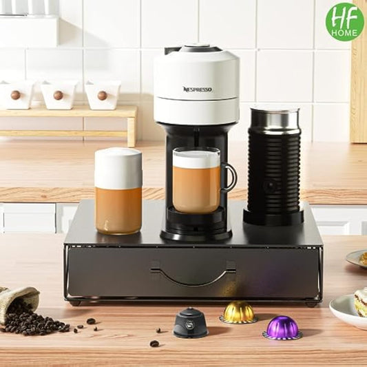 HFHOME Metal Coffee Pod Holder for 48 Nespresso Vertuo & Dolce Gusto Pods, Nespresso VertuoLine Capsule Drawer Organiser Coffee Machine Stand