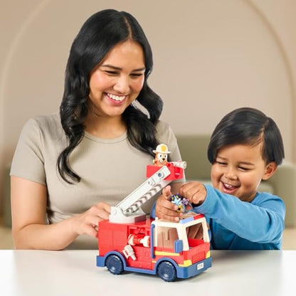 Bluey Firetruck, Firetruck, Exclusive Firefighter Bingo and Bob Bilby Figures Raise The Ladder, Spin It Around and Roll Out The Hose Includes Sticker Sheet