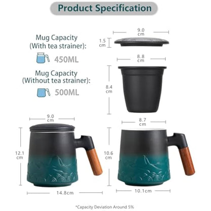 ZENS Tea Infuser Mug With Lid, 500ml Gradient Embossed Loose Leaf Ceramic Steeping Cup, Rosewood Handle, for Gifts - Black & Green