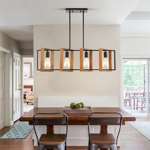 Mikeru Farmhouse Pendant Light, 4 Light Black Metal Industrial Pendant, 80cm Vintage Wooden Pendant, Height Adjustable Indoor Lighting Fixtures for Kitchen Island, Dining Room, Cafe