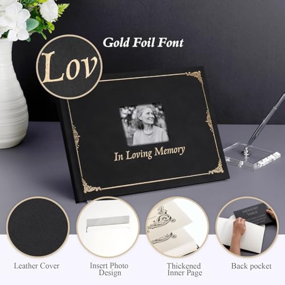 Funeral Memory Book, Leather Hardcover Funeral Guest Book with Gold Engraving, Memorial Guest Book, Book of Condolence with Memory Table Card Sign