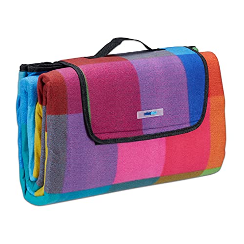Relaxdays XXL Picnic Blanket, 200 x 200 cm, Fleece Beach and Camping Mat, Insulated & Waterproof, With Handle, Multi-Coloured Plaid