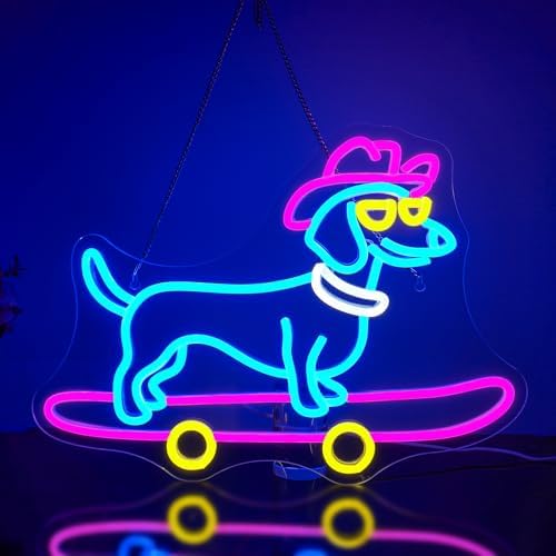Looklight Skateboard Dog Neon Sign Dachshund Neon Signs Colorful Led Signs with Dimmable Switch Cute Puppy with Cowboy Hat Neon Light Signs for Bedroom Pet Shop Party Gifts for Dog Lover