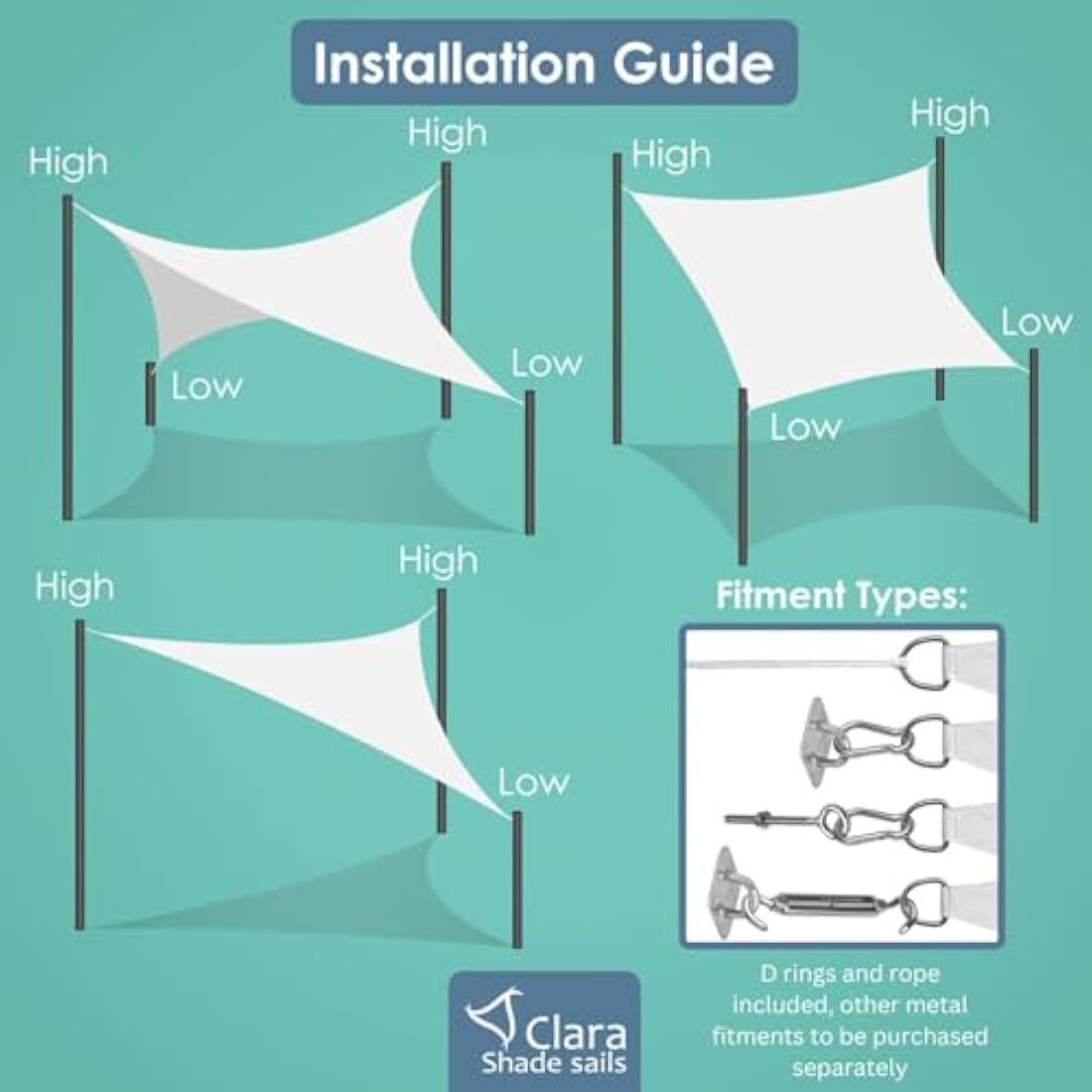 Clara Shade Sails - White Rectangle 3x5m Sun Shade Sail, Conservatory Sail Shades, Pergola Canopy, Garden Sail Canopy Waterproof, Patio Gazebo, Garden Tent, Outdoor Sun Sail Shade, Garden Awning