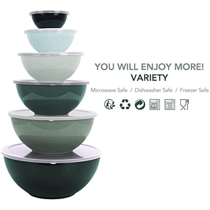 BoxedHome Mixing Bowl Set with Lid, Mixing Bowls, 12-Pack Mixing Bowl Set, Plastic Salad Bowl Non-Slip Stackable Serving Bowls for Kitchen (6 Bowls and 6 Lids, Green)