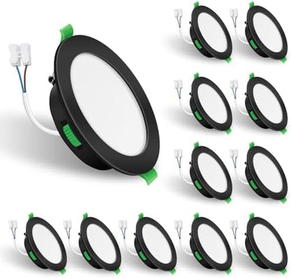 ALUSSO LED Recessed Ceiling Lights, 7W 480LM LED Downlights Dimmable, 30MM Ultra Slim Round Black Spotlights, Warm White/Neutral White/Cool White Adjustable, IP44 Waterproof for Bathroom, 12 Pack
