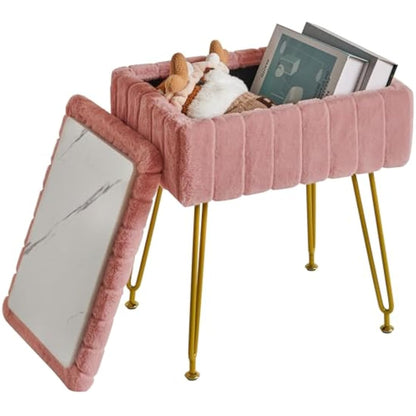 IBUYKE Stool Chair with Storage Space, Footrest Footstool Ottoman, Small Side Table, with 4 Metal Legs, with Anti-Slip Feet, for Makeup Room, Bedroom, Faux Fur, Pink L/G-50P