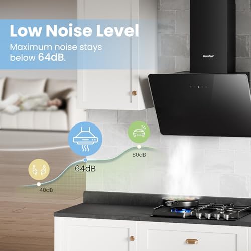 COMFEE' 60cm Angled Cooker Hood ANGJ64B-60 Tempered Glass Extractor Hood with Touch Screen, LED and Recirculating & Ducting System Wall Mounted Extractor Fan kitchen 600mm - Black