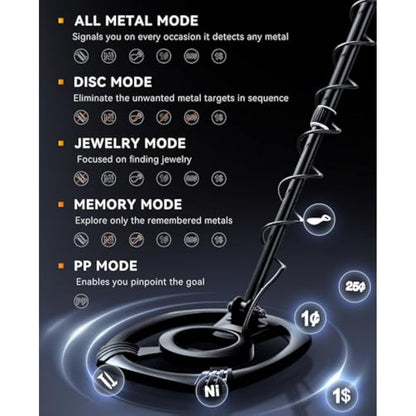 SUNPOW Metal Detector for Adults Professional, High-Tech with DSP Chip and Structure, 3 Pieces Custom, 30cm Waterproof Coil, 2 x LCD Display, 5 Modes, Adjustable Length (50 cm - 150 cm), Stable Spiral