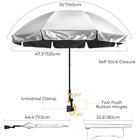 G4Free UPF 50+ Universal Clamp On Umbrella Adjustable Outdoor UV Protection Beach Chair Umbrella for Strollers, Wheelchairs, Patio Chairs, Golf Carts and Beach