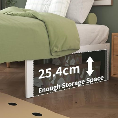 Lutown-Teen White Double Bed Frame 30.5 cm High with Rounded Corner Legs, 4ft 6 Heavy Duty Metal Bed Frame Double 4ft6 with Steel Slats Support, Storage Space Underneath, Easy Assembly