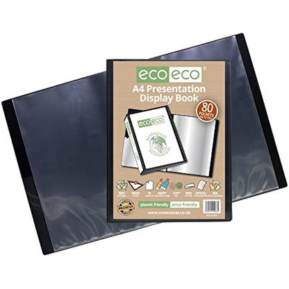 eco-eco A4 Size 50% Recycled 80 Pocket Black Presentation Display Book, Storage Case Portfolio Art Folder with Plastic Sleeves