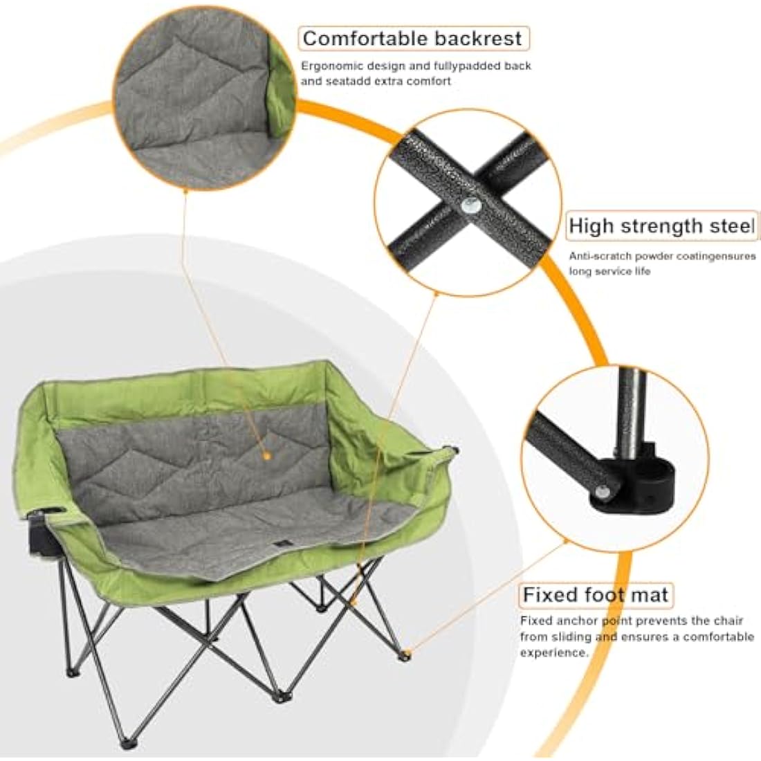 LANMOUNTAIN Folding Loveseat Camping Chair, Portable Double Chair w/Cup Holder,Wine Glass Holder,Carry Bag Heavy Duty Lawn Chair for 2 Adults,Perfect for Camp,Hiking,Picnics and Beach Trips,Green