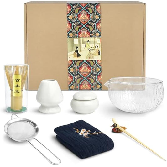 Artcome 9 Pcs Japanese Matcha Tea Set, Matcha Bowl with Pouring Spout, Matcha Whisk, Tea Scoop, Whisk Holder, Matcha Powder Caddy, Handmade Matcha Ceremony Kit For Japanese Tea Ceremony (White)