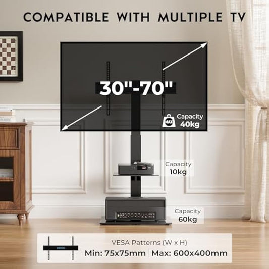 BONTEC Universal Floor TV Stand for 30-70 inch LED OLED LCD Plasma Flat Curved Screens, Height Adjustable Tall TV Stand with 2-Tier Tempered Glass Shelves up to 40KG, Max VESA 600x400mm