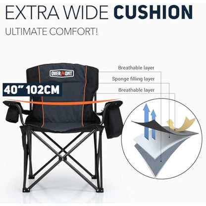 OVERMONT 204kg Oversized Camping Folding Chair for Adults with Cooler Bag & Carry Bag-Heavy Duty Lawn Chair with Cup Holder Support 450 LBS with High Back Comfy for Garden Picnic Beach