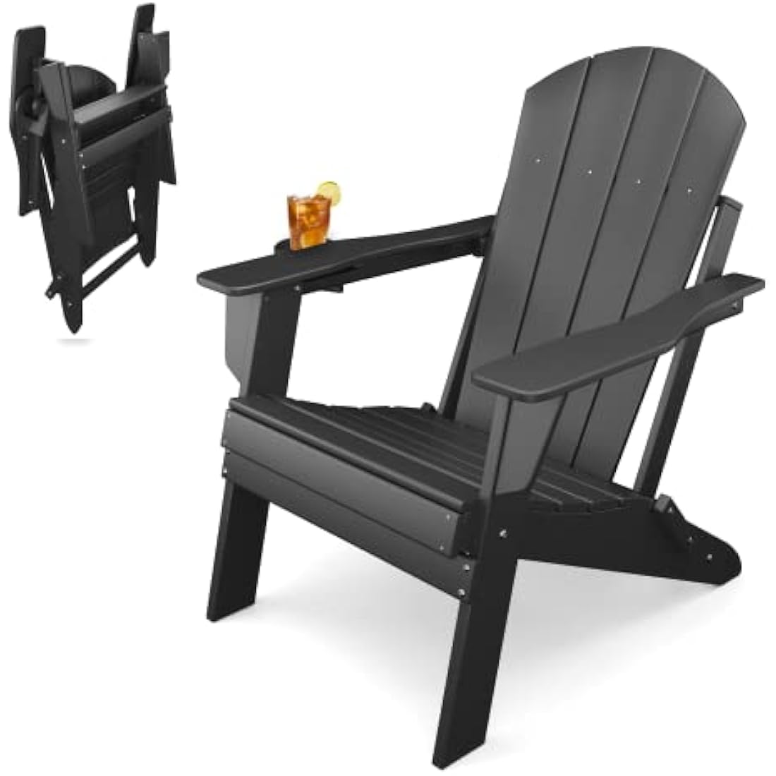 Sleek Space Adirondack Folding Chair for Garden, Patio or Deck - Arm Rests and Cup Holder - Lightweight, Weatherproof - Stylish, Durable Outdoor Furniture for Fire Pit, Beach, Poolside, Porch (Black)