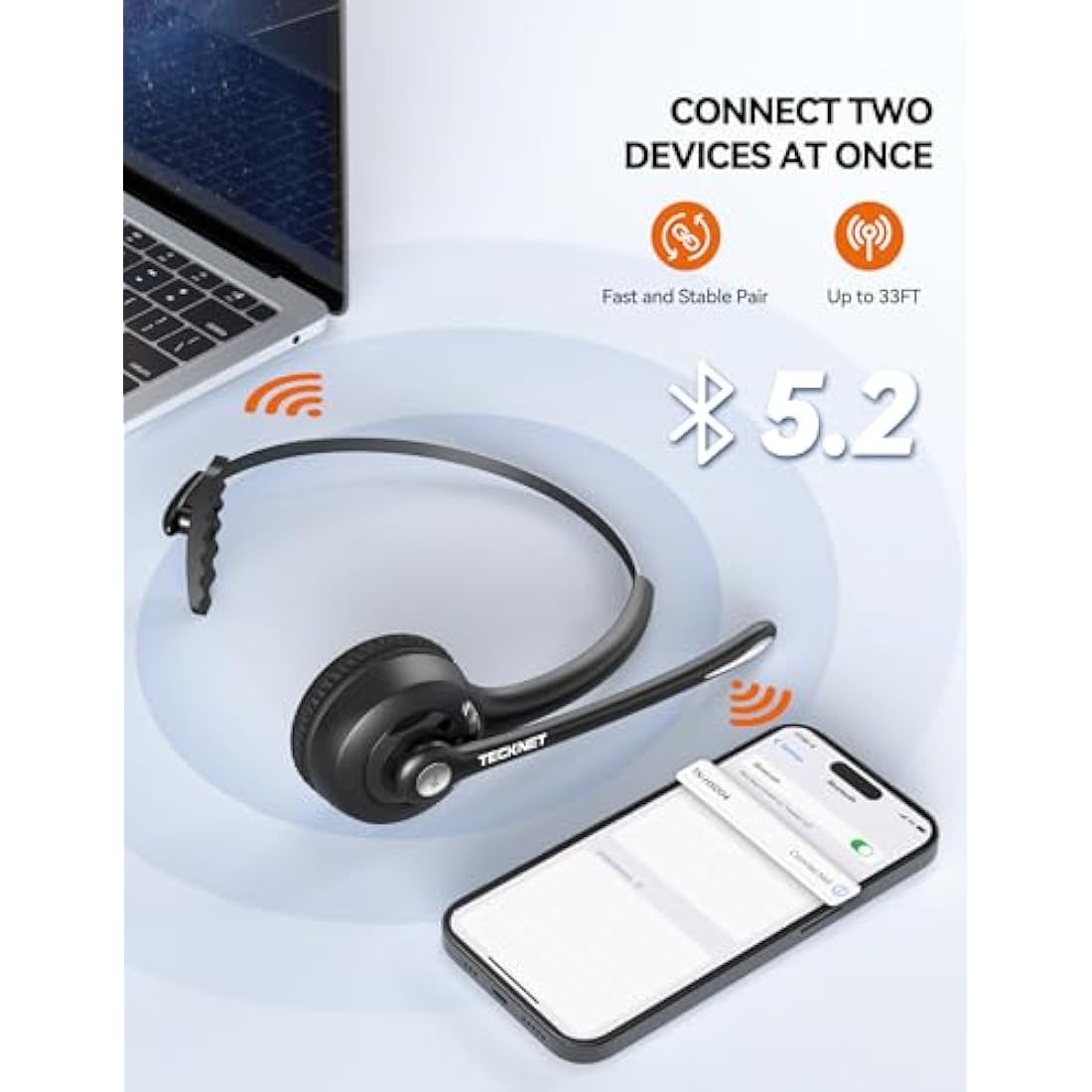 TECKNET Bluetooth Headset, Wireless On Ear Headphones with Noise Cancelling Microphone & USB Dongle, Hand Free Wireless Headset with Mute microphone for Cellphone, PC, Home, Office, Call Center