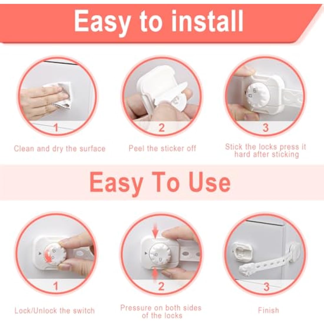 REDTRON Adjustable Cupboard Locks for Children, 6 Pack Baby Safety Drawer Latch, Child Locks for Cabinets, Drawer, Closet, Fridge, Refrigerator, Trash, with Upgraded Adhesive Double Lock System(White)