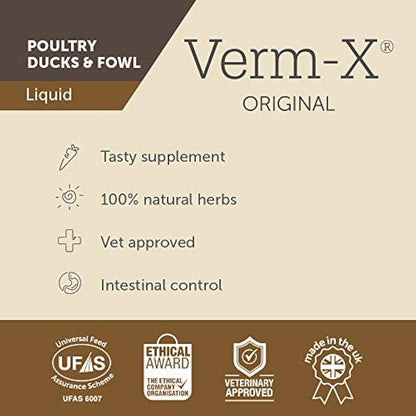 Verm-X 100% Natural Liquid for Poultry. Supports Intestinal Hygiene. Vet Approved. UFAS Assured. Contains Prebiotic for Gut Biome. Restores and Maintains Gut Vitality. Wormwood Free - 500ml